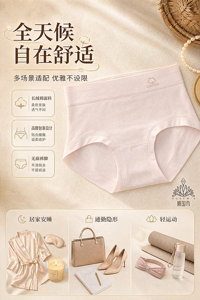 [商品] 使用【图1】浅粉色高腰女士内裤；商品处理：保留高腰版型、腰头COTTON刺绣棉花Logo、无痕裤脚、浅粉色、长绒棉面料、品牌标识；自然去皱，增强面料质感，不改变版型结构。
[画面] 页面目标：多场景适配展示页，呈现全天候舒适自在的穿着体验；构图：左文右图+下方三格场景道具组合，右侧产品主图占画面约45%，下方横向排列三组场景道具组合分别代表不同场景；第一组：真丝睡袍+香薰蜡烛+眼罩代表居家睡眠；第二组：通勤手提包+高跟鞋+笔记本代表日常通勤；第三组：瑜伽垫+运动发带+水杯代表轻运动；产品与场景道具自然融合在浅米色背景中；背景为浅米色渐变，叠加细腻织物纹理。
[视觉] 套系策略：风格=高级轻奢女性内衣商业摄影，浅米金配色；标题字=优雅衬线粗体，带细微金色描边；正文字=简洁现代无衬线体；主色=浅米色（奶油米白）；背景延展=基于浅米色做深浅层级渐变、亚麻织物纹理和柔光纸张质感；强调色=香槟金色，仅用于小面积图标、引线、装饰线条和标题点缀；标题色=深奶茶棕；正文色=暖灰棕；组件=圆角浅金描边信息卡、细金线引线、珍珠质感装饰点；光影=左前侧暖调柔光，柔和阴影，整体明亮通透。
[文字] 左上主标题「全天候 自在舒适」（6字），副标题「多场景适配 优雅不设限」；下方三组场景分别配标签：居家安睡、通勤隐形、轻运动；每个标签配小图标，文字全部横向排版，字号清晰手机端可读。
[规格] 图片比例2:3竖版，分辨率4K，淘宝/天猫详情页适配；负向提示：避免变形、错字、文字过小、冷蓝背景、产品颜色改变、真人出现、低俗擦边、绝对化用语、平台Logo水印。