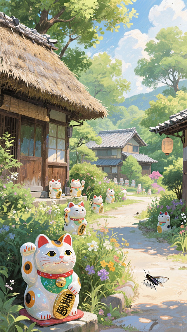 水彩风插画，清新卡通拟人招财猫点缀田园，营造春日温馨氛围。