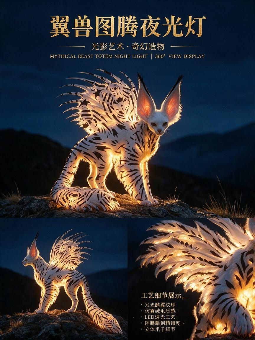 为图1的翼兽造型夜光灯制作高级产品介绍三视图海报，参考之前修改… - 图片创意预览