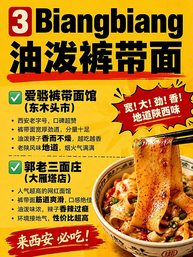 将以下这份攻略制作成小红书平台的笔记首图＋多张配图（张数自主判断）设计风格大字报
西安必吃 10 类特色美食｜本地人老店清单｜拒绝网红宰客
全网真实食客汇总，全部街坊常年打卡老店，无营销溢价，每类 2 家，附避坑贴士
1. 腊汁肉夹馍（西安碳水天花板）
子午路张记（翠华路店）
陕历博附近土著食堂，白吉馍现烤酥脆，肥瘦腊汁肉炖 8 小时爆汁，配凉皮一套本地人标配，游客少、不用排大队携程
秦豫肉夹馍（东木头市店）
开 30 年老字号，纯手工打馍，肉给得扎实，只做基础款无花里胡哨网红改良，中午周边上班族挤满
❌避坑：不选永兴坊、回民街主街网红夹馍，肥肉少卤味淡还贵
2. 牛羊肉泡馍（非遗地道味）
马洪小炒泡馍（红埠街）
回坊本地人私藏小炒泡，酸辣汤汁浓郁，必须手掰黄豆大小馍，拒绝机器切馍，老西安天天来吃携程
果渊斋老米家（北广济街总店）
骨汤清亮不膻，羊肉软烂，糖蒜免费无限续，街坊聚餐常来，比大街老孙家人均便宜 10 元携程
❌避坑：北院门主街连锁泡馍多预制，没有手掰仪式感
3. Biangbiang 油泼裤带面
爱骅裤带面馆（东木头市）
手工扯一米宽裤带面，热油现泼辣子，可免费加面，周边上班族常年午餐据点，分量超大男生吃饱携程
郭老三面庄（大雁塔店）
逛陕历博顺路老店，五合一料足，臊子 + 油泼双拼，不搞网红摆盘，纯粹老陕面香
4. 擀面皮 / 米皮
盛志望麻酱酿皮（大皮院）
中华老字号，麻酱醇厚香甜，凉皮薄透入味，回坊居民日常买菜顺带一份携程
薛昌利秦镇米皮（大车家巷）
正宗秦镇现蒸米皮，酸辣调味温和，米皮软糯不碎，开二十多年社区老店
5. 清真灌汤蒸饺
志亮灌汤蒸饺（庙后街）
本地人早餐首选，皮薄透光汤汁饱满，搭配自制八宝稀饭，甜度刚好不齁，比贾三性价比高很多携程
回坊马二饺子馆（洒金桥）
只做牛肉韭黄馅，无多余网红口味，醋水加花椒秘制，街坊从小吃到大
❌避坑：贾三总店游客扎堆、排队久溢价，本地人很少专程去
6. 甑糕（老西安甜糯早餐）
胖子甑糕（洒金桥早市）
凌晨现蒸，红枣芸豆浸透糯米，软糯不粘牙，6 点出摊 10 点基本售空，纯本地客流携程
东南亚甑糕（西羊市十字）
几十年固定摊位，用料扎实，枣泥厚，不用排队，本地人买当下午茶
7. 肉丸胡辣汤
邢老三胡辣汤（劳动西路总店）
牛肉丸 Q 弹，蔬菜料足，辣椒油香不呛，搭配坨坨馍，西安老牌早餐天花板携程
李唯一肉丸胡辣汤（洒金桥）
回民区口碑店，汤底浓郁，分量足，早市本地人扎堆，价格亲民
8. 定家小酥肉（清真蒸肉）
定家小酥肉（大皮院西口）
非遗老店，牛里脊裹粉蒸至软烂，配米饭绝佳，每日限量，11 点到不用等太久携程
老白家小酥肉（红埠街）
本地人备选，口味清淡一点，汤汁可拌饭，人少不用长时间排队
9. 清真牛羊肉烤肉
清真刚刚烤肉（庙后街）
30 年老店，1 元一串十年不涨价，肉筋现烤焦香，无网红营销，纯街坊夜宵据点
马乐烤肉（洒金桥）
鲜牛羊肉现切，烤油馍必点，晚上本地人聚餐聚集地，无强制消费
10. 酸汤水饺
马二酸汤水饺（洒金桥）
秘制热酸汤，牛肉韭黄馅，汤底加芝麻辣椒油，饭点少量排队，本地人常打包带走携程
老湾子水饺（大车家巷）
社区老店，酸汤酸度适中，饺子个头大，分量足，性价比拉满
通用避坑总结
美食优先选：洒金桥、庙后街、大皮院、大车家巷社区老店，避开北院门主街、永兴坊网红门店
清真街区不要携带猪肉食品，尊重少数民族习俗
泡馍、蒸饺尽量错峰上午前往，避开 12-14 点游客高峰