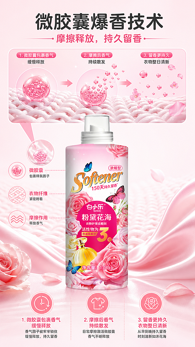 [第3屏] 爆香留香原理屏-白小乐粉黛花海衣物护理柔顺剂微胶囊爆香技术解析。
[氛围/风格] 专业科技感粉色风，清新通透，可视化效果，商业科普质感。
[元素布局] 本屏使用【图1】产品图居中放置，占画面约40%比例，保持产品外观、结构、颜色与输入产品图一致。产品上方区域展示微胶囊技术可视化示意图，圆形微胶囊颗粒附着在衣物纤维上，摩擦释放香气的动态效果。背景为浅粉色渐变，点缀柔粉丝绸和衣物纤维纹理。
[光影质感] 顶部主光打亮产品和示意图，微胶囊颗粒添加柔和高光，整体明暗清晰，层次分明，产品轮廓真实自然。
[配色色系] 全局底色：#FFF0F5（浅粉色）；主体：保留产品原有粉色；辅助色：#FFE4E8（浅粉背景）+ #333333（文字）+ #F688A0（粉色点缀）。
[视角构图] 上示意图下产品，上下构图，主标题在顶部，示意图居中，产品在下半部分，整体结构清晰，信息层级分明。
[文字版式] 顶部主标题「微胶囊爆香技术」，副标题「摩擦释放，持久留香」，主标题加粗深灰色，副标题粉色。下方分点说明技术优势：1.微胶囊包裹香气，缓慢释放；2.摩擦后香气持续散发；3.留香更持久，衣物整日清新。分点配浅粉色圆形图标，文字排版整齐，不遮挡产品主体。
[比例分辨率] 9:16 竖版比例，4K分辨率，文字清晰可辨，超高清。
[负向提示词] 产品变形，瓶身结构错误，文字错乱，颜色偏差，背景杂乱，示意图模糊。