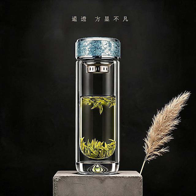 不改变杯子造型、细节和文字，生成简约有意境暗黑风格主图：深黑背景，灰色水泥底座，右下角点缀干枯芦苇一支，侘寂风简约意境，低饱和暗调，8K超高清商业静物摄影