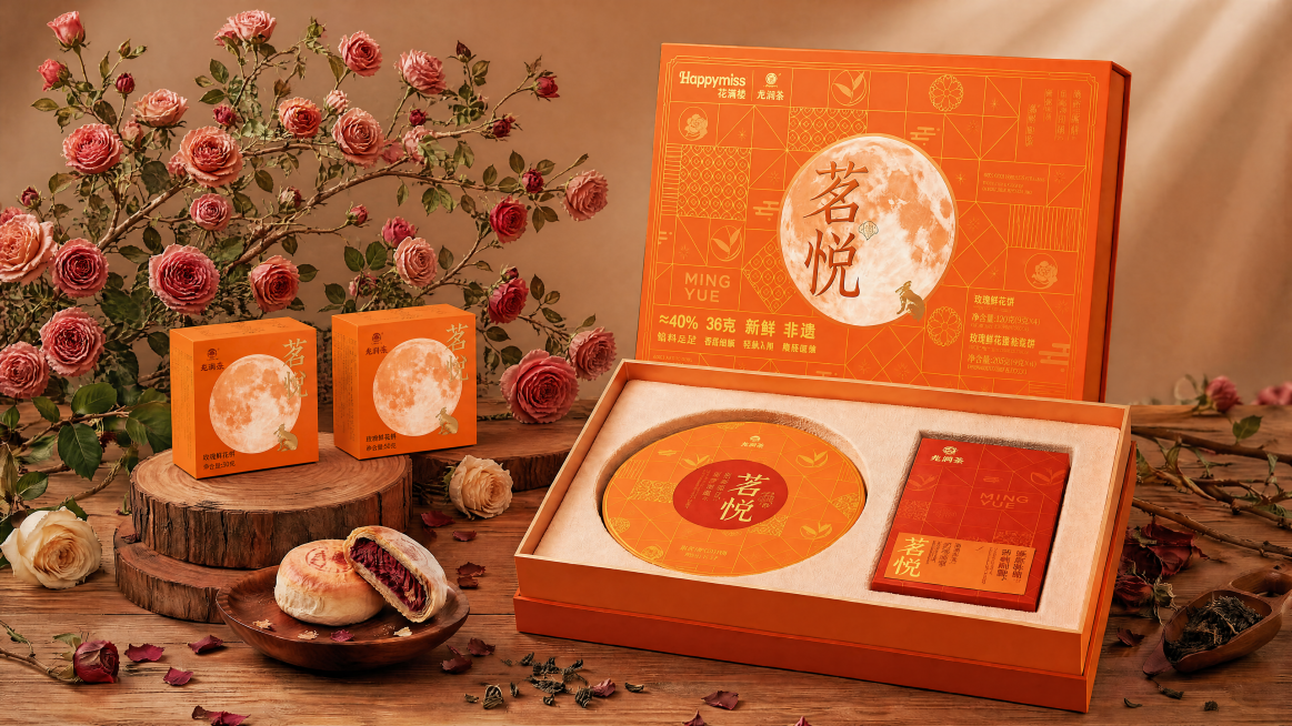 在现有场景基础上修改，增加更多玫瑰花在树枝上，调整左侧两个小盒子尺寸，确保两个小盒子大小一致，每个小盒子尺寸仅为右侧大盒子的六分之一大小，保留所有原有产品信息和文字不变，保持16:9比例，整体暖棕奶茶预览效果