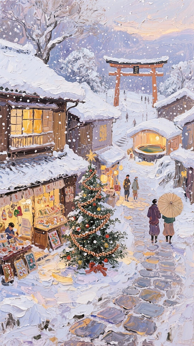 雪夜古街，暖灯映照圣诞树，和风屋舍与鸟居交织，厚涂油画质感融合印象派笔触，营造温馨复古的东亚冬日奇景。