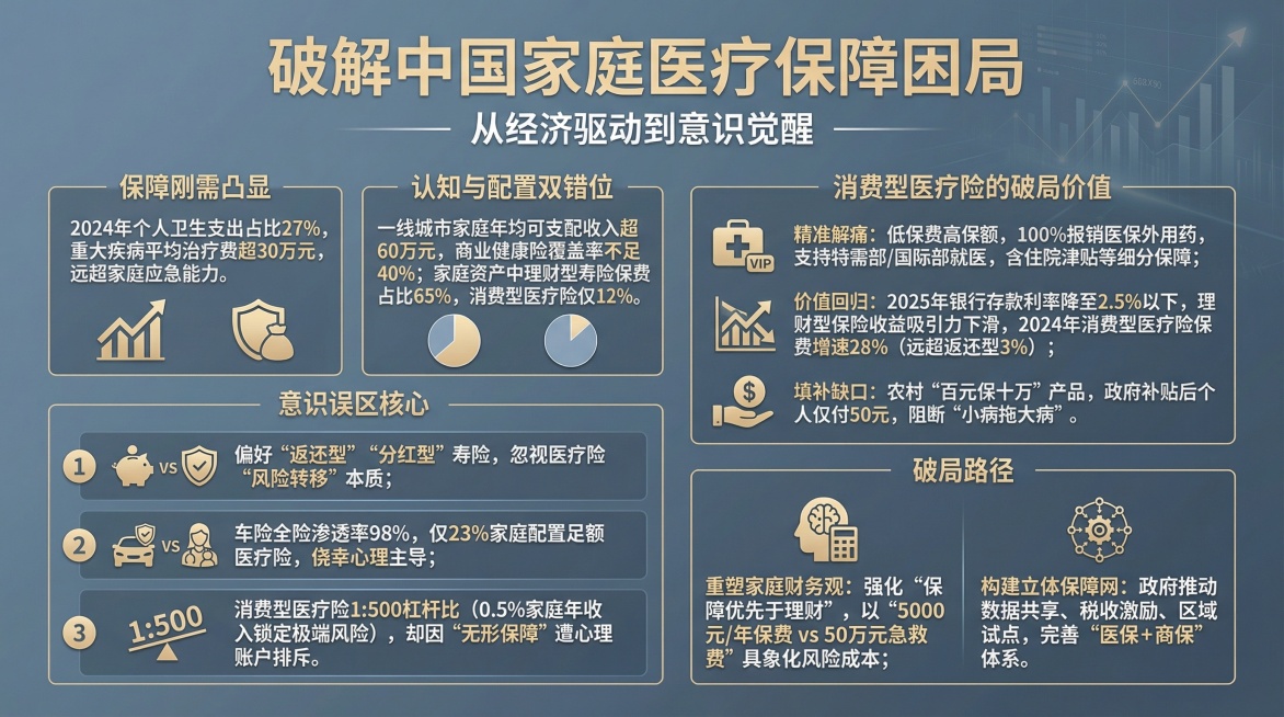 保留所有文字内容制作
破解中国家庭医疗保障困局
从经济驱动到意识觉醒
* 保障刚需凸显：2024年个人卫生支出占比27%，重大疾病平均治疗费超30万元，远超家庭应急能力。
* 认知与配置双错位：一线城预览效果