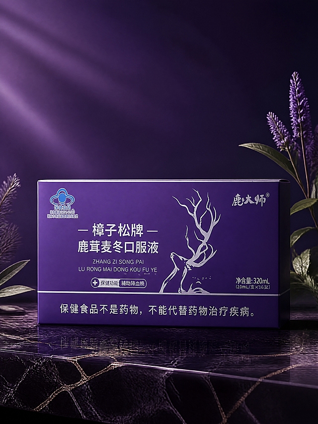 本张使用【图2】作为商品主体，参考【图4】的暗调紫色光影氛围风格。产品为鹿大师鹿茸麦冬口服液紫色外包装盒，正面展示。包装盒上的所有文字（鹿大师、樟子松牌、鹿茸麦冬口服液、保健功能、净含量、蓝帽标志等）和白色鹿头图案必须完整保留、清晰可辨，与原图完全一致。画面为深紫色暗调高级氛围，包装盒置于画面中央偏下位置，占比约55%。盒子左右两侧点缀少量紫色花卉和绿色叶片装饰，背景为深紫色渐变光影，左上角有柔和光束照射。台面为深色大理石质感，盒子在台面上有自然投影。整体光影柔和有层次，商业摄影质感，高端礼盒调性。不要额外添加任何文字，不要花哨装饰，简洁大气。