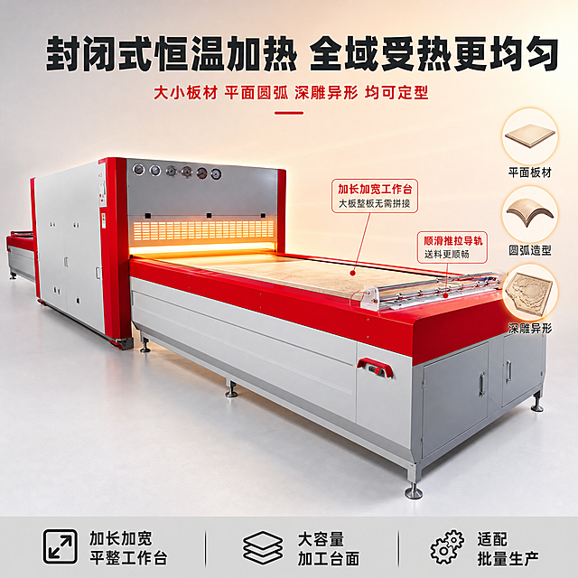 [主图-4] 封闭式恒温加热仓与工作台功能展示图。
[氛围风格] 功能结构展示风 温暖科技感 加热效果可视化 专业直观。
[画质] 商业摄影质感 加热仓结构清晰 工作台面平整光滑 画面干净通透。
[元素] 正负压吸塑机中部加热仓与前端工作台区域特写 位于画面中心 封闭式恒温加热仓门半开启状态 内部透出均匀暖橙色光线 示意全域受热均匀。前端加长加宽平整工作台面完全展示 送料导轨清晰可见 台面上放置一块装饰板材 示意加工状态。画面右侧有三个小图标示意 分别代表平面板材 圆弧板材 深雕异形板材 说明均可加工。背景为浅灰色渐变 带有温暖的橙色光晕从加热仓方向扩散 营造恒温加热氛围。保持正负压吸塑机外观（即物理结构 材质质感 颜色 比例）与输入产品图完全一致 杜绝任何变形和色差 加热仓封闭结构完整 工作台导轨细节清晰 台面平整。商品主体占比约70%。
[光影] 加热仓内部暖橙色光线作为氛围光源 向外扩散温暖光晕 外部冷灰色主光打亮产品外部结构 冷暖对比突出加热功能 工作台面有均匀反光 整体光线层次丰富 暖光与冷光交融 突出功能特性。
[配色] 主色冷灰+工业红 辅色暖橙（仅用于加热仓内部光效与功能图标 占比约15%） 强调色正红 冷暖对比突出功能。
[视角构图] 平视微侧角度 加热仓与工作台为视觉中心 前后层次分明 画面满版无边框。
[文字版式] 顶部居中大标题 深灰色粗黑体 封闭式恒温加热 全域受热更均匀。标题下方一行红色小字 大小板材 平面圆弧 深雕异形 均可定型。画面右侧三个功能图标竖排 每个图标下方配文字 分别为 平面板材 圆弧造型 深雕异形。工作台区域上方有引线标注 加长加宽工作台 大板整板无需拼接。送料导轨旁标注 顺滑推拉导轨 送料更顺畅。底部通栏浅灰色底条 深灰色文字 左 加长加宽平整工作台 中 大容量加工台面 右 适配批量生产。
[输出要求] 1:1比例 文字清晰锐利 超高清商业摄影质感。
[负向提示词] 变形 文字错乱 产品图模糊 背景杂乱 水印 电商平台Logo 多余的手 畸形手 人物面部扭曲。