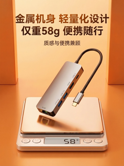 修改文字和电子秤数字：将标题中的"仅重50g"改为"仅重58g"，同时将电子秤显示屏上的数字从50改为58，保持其他元素、风格、布局都不变，保持高端简约暖橙色风格和3:4比例预览效果