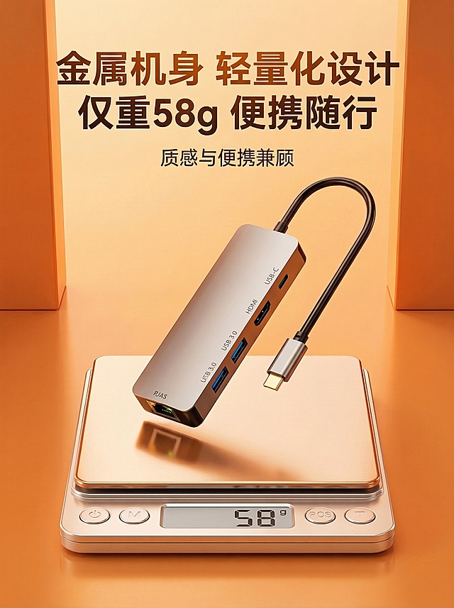 修改文字和电子秤数字：将标题中的"仅重50g"改为"仅重58g"，同时将电子秤显示屏上的数字从50改为58，保持其他元素、风格、布局都不变，保持高端简约暖橙色风格和3:4比例