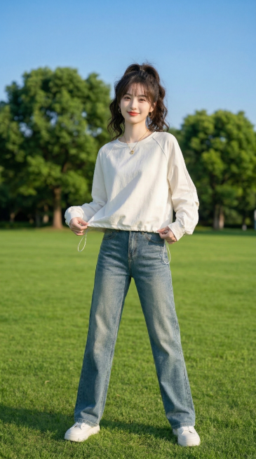 保持图中模特的外貌、穿搭完全不变，姿势为双腿自然分开站立，双手轻轻抓着上衣下摆向外轻拉，头微歪看向镜头。商业人像摄影，单反相机拍摄，50mm f1.8大光圈，浅景深，焦外虚化，韩系清新氛围感，明亮通透预览效果