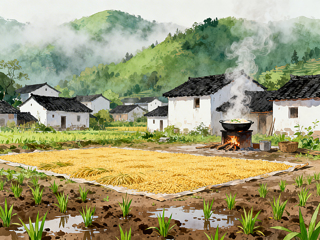 清新插画风格的乡村场景，雨后湿润的泥土上冒出嫩绿青草，晒谷场铺满金黄稻谷，冒着热气的灶台飘出柴火饭香气，白墙黑瓦的民居错落分布，远处青山被薄雾笼罩，整体氛围清新温暖，充满生活气息
