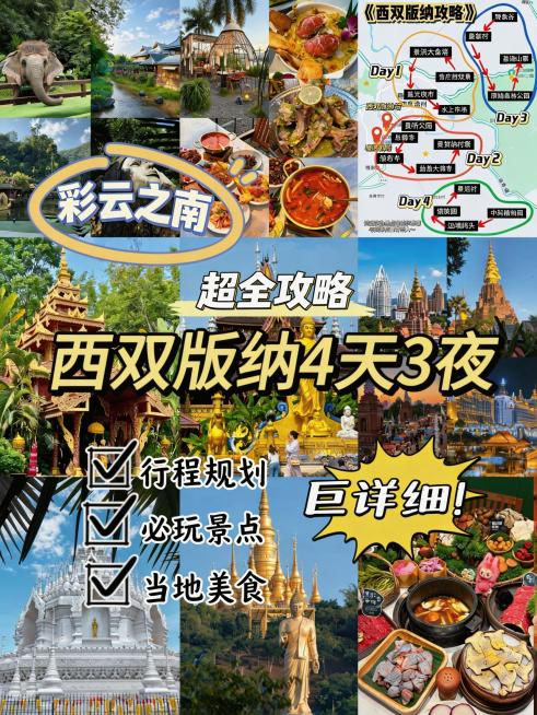 参考图的小红书封面排版样式
保持与参考图一致
保留参考图的文字排版结构：将左上“云南”替换为“彩云之南”，顶部小字“附地图攻略”替换为“超全攻略”，右侧爆炸框“超详细！”替换为“巨详细！”，下方三个勾预览效果