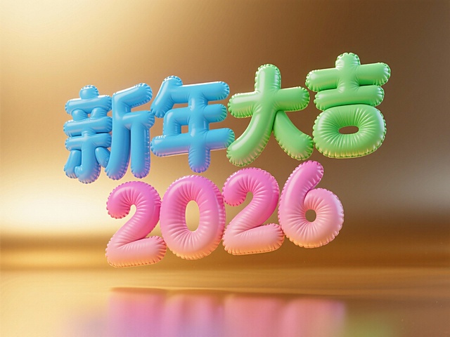 “新年大吉 2026” 立体字，悬浮在半空中，一个词一个色，色彩分别为蓝、绿、粉，上下渐变效果，充气膨胀的布料质感，圆润造型，鎏金渐变背景