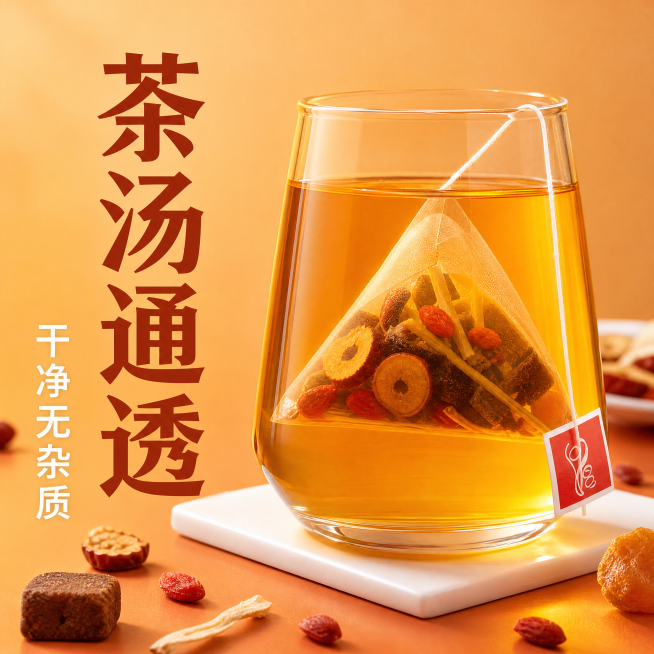 [主图-3] 冲泡好的红糖姜枣茶场景展示，突出茶汤通透诱人食欲。
[氛围风格] 温馨治愈生活场景，增强食欲感；
[画质] 商业摄影质感、光线柔和通透、产品清晰真实、画面干净高级。
[元素] 透明玻璃杯预览效果