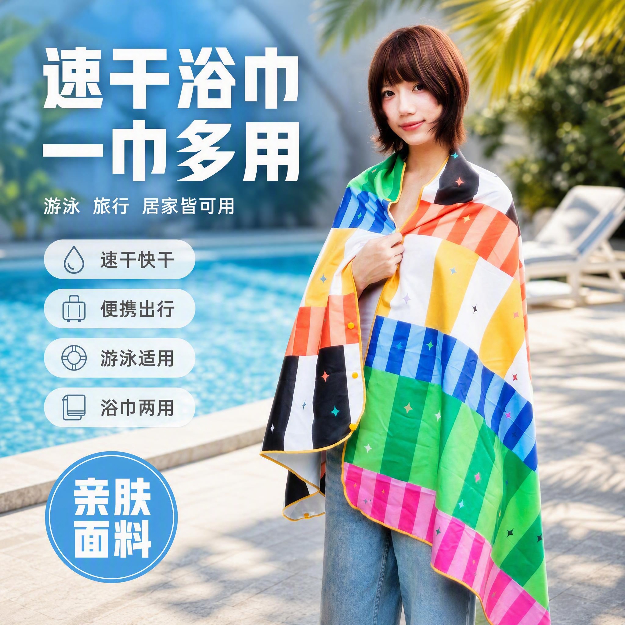 基于原图生成淘宝天猫1:1电商主图 保留模特披着彩虹格纹浴巾的… - 图片创意预览