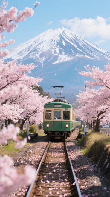 高清日本风景摄影，大师级构图，一列绿色复古电车行驶在被盛开的粉色樱花树环绕的铁轨上，铁轨两侧樱花繁茂，花瓣散落，背景是雄伟的雪山和蓝天白云，阳光明媚，光影层次丰富，色彩鲜艳和谐，樱花的柔美与电车的复古预览效果