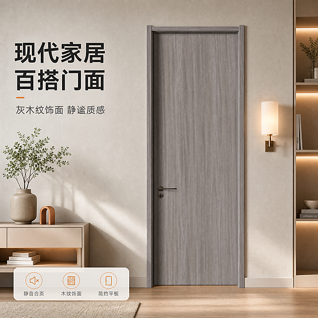 [主图-4] 效果场景主图，任务为真实家居场景展示：将输入图木门作为不可更改的主体，仅更换背景为现代简约家居门洞场景，门体与输入图必须是同一扇门：灰木纹饰面纹理、简约平板造型、黑色执手与门框线条全部保持一致。
[统一基调] 风格=现代高端家居商业摄影；主标题字=现代无衬线粗体；辅助文字=简洁现代无衬线体；背景主色=暖白至浅暖灰细腻渐变；标题字色=深炭黑；辅助字色=中暖灰；强调色=暖橙色，仅用于小面积图标、引线、标签和局部光效；组件=圆角浅色信息卡、细线引线、圆角小图标；画面明亮自然光、浅木/米白环境。
[画面] 门体保持输入图【图92】正面完整造型与透视，门关闭状态，居中占画面约60%；门面木纹、执手、门框一律原样保留，不得重绘或替换；背景替换为浅暖灰微水泥墙面、浅木地板，门洞两侧配简约置物柜、绿植与暖光壁灯；门底接触阴影与场景光线自然融合，无白底残留与悬浮感。
[光影质感] 室内自然光为主，右前侧暖柔光，门面木纹与执手在场景中保留真实明暗，与墙面地板形成柔和层次。
[配色] 沿用统一基调：灰木色门体为视觉主角，环境以暖白、浅暖灰、浅木色为主，暖橙仅用于壁灯或绿植花盆点缀，标题深炭黑、辅助字中暖灰。
[文字版式] 左上负空间主标题大字“现代家居 百搭门面”，副标题“灰木纹饰面 静谧质感”，底部横向小字“静音合页·木纹饰面·简约平板”，不遮挡门体与场景陈设。
[输出要求] 1:1方形，场景透视正确，门体无变形；避免门面纹理改变、执手造型改变、门框变形、错字、竖排文字、冷蓝背景、电商平台Logo/水印、绝对化用语、门体悬浮。