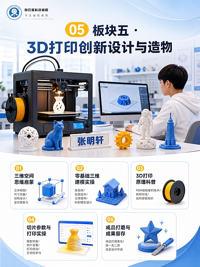 [商品] 使用【图1】向日葵科技编程logo，保留蓝白圆形向日葵图案与品牌文字，缩小置于页面左上角页眉位置，不改变颜色和造型。
[画面] 板块五：3D打印创新设计与造物体验页，竖版A4。上半部分场景：明亮的3D打印实验室，一台FDM 3D打印机正在工作，挤出头正在打印作品，旁边亚洲学生专注观察电脑上的三维建模软件界面，桌上摆放着已打印好的创意摆件、姓名牌等成品。下半部分5个内容模块。
[视觉] 套系策略：风格=高端简约阳光科技风；标题字=现代无衬线粗体；正文字=简洁无衬线体；主色=品牌蓝(#2B7BC4)；背景延展=白色底色+顶部浅蓝渐变，细腻质感；强调色=向日葵黄(#FFC800)，用于板块序号、打印耗材高亮、重点标注；标题色=深蓝灰；正文色=中灰；组件=圆角内容卡片、3D立体图标、数字序号徽章；光影=明亮室内光，3D打印机有暖光点缀。
[文字] 左上角小logo；顶部大标题"板块五 · 3D打印创新设计与造物"，配黄色数字"05"徽章；5个内容项：1."三维空间思维启蒙"——立体构图/尺寸测量/结构设计/空间想象力；2."零基础三维建模实操"——姓名牌/创意挂件/立体摆件/科创模型设计；3."3D打印原理科普"——FDM熔融堆积技术/耗材特性/结构容错知识；4."切片参数与打印实操"——模型修复/切片设置/打印启动/全流程参与；5."成品打磨与成果留存"——修边打磨美化/独一无二的自主设计作品。所有文字横排。
[规格] 图片比例3:4竖版，分辨率4K，负向提示：避免文字模糊、logo变形、3D打印机造型失真、人物面部扭曲、极限词。
