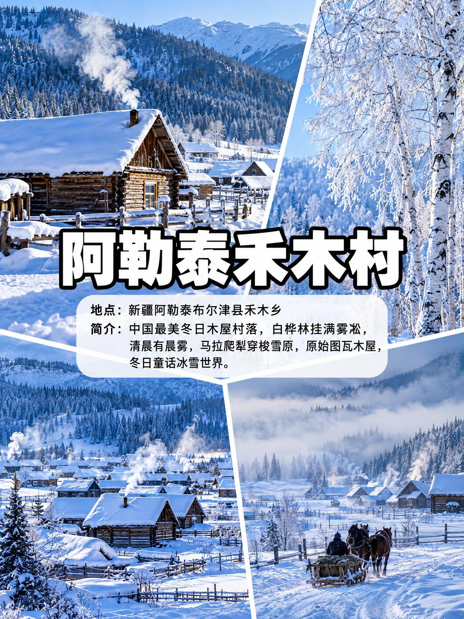 竖屏3:4比例，4张北疆禾木冬季雪景实拍照片拼接布局，排版布局… - 图片创意预览