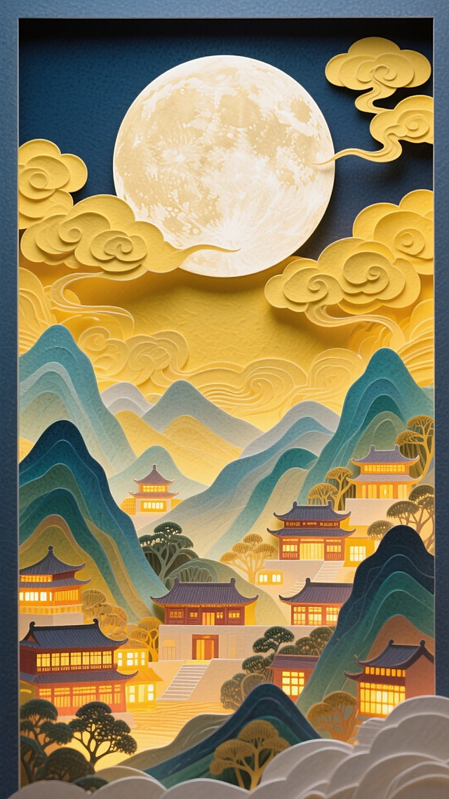 一轮巨大的圆月为占据画面中心的特写，底部以工笔风格呈现出全景的山峦叠嶂间呈现古今建筑里万家灯火渐变温暖的光影，祥云装饰，突显中秋节日氛围，黄色调基底