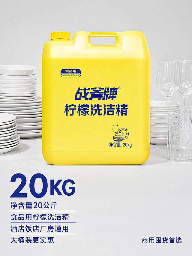 [主图-5] 战斧牌柠檬洗洁精规格价值展示图。
[氛围风格] 实惠干净商用囤货风格，突出大包装性价比。
[画质] 商业摄影质感，光线均匀，产品清晰真实，画面干净通透。
[元素] 一桶20kg大包装黄色洗洁精居中展示，旁边摆放多叠干净待洗的餐具作为道具，背景干净浅灰色调。保持产品外观颜色结构和输入图完全一致，杜绝变形色差。商品主体占比约70%。
[光影] 均匀明亮的室内光线，瓶身立体感强，阴影柔和，整体通透不发灰。
[配色] 浅灰色背景，突出黄色产品主体，深蓝色文字，简洁干净。
[视角构图] 平视居中构图，产品完整，主体突出。
[文字版式] 底部左对齐列出核心参数：净含量20公斤，食品用柠檬洗洁精，酒店饭店厂房通用，大桶装更实惠，排版简洁清晰，大字标注20KG，突出量感，其余说明文字缩小层级，保持视觉对比。右下角可以增加一句提示：商用囤货首选，提升转化。所有文字不遮挡产品主体。
[比例分辨率] 3:4比例，4k分辨率；文字清晰，超高清画质。
[负向提示词] 变形，文字错乱，产品模糊，背景杂乱，夸大虚假宣传