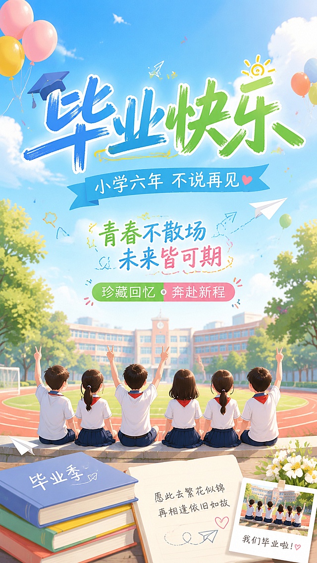 毕业季小学宣传海报，清新校园风格，青春活力。主标题文字"毕业快乐"，副标题文字"小学六年 不说再见"，装饰文字"青春不散场 未来皆可期"，卖点文字"珍藏回忆 奔赴新程"。画面有校园操场、书本、气球元素，排版精美，9:16竖版，整体色调清新明亮，氛围温馨治愈。