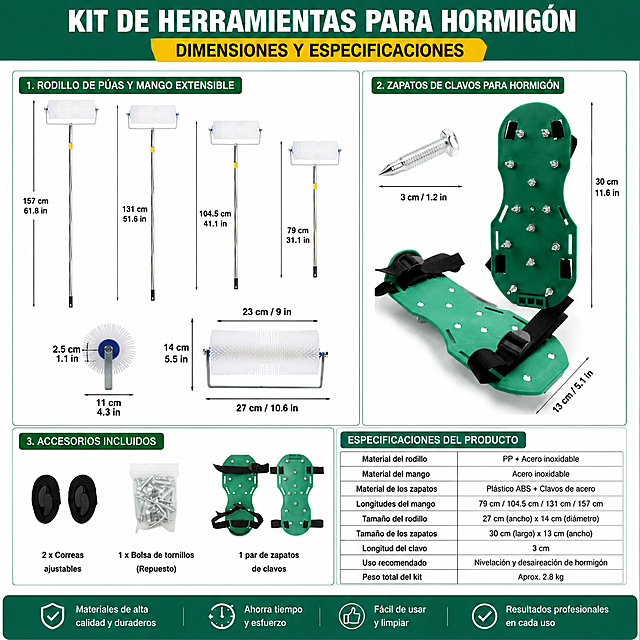 Póster de dimensiones de kit de herramientas de hormigón, marcar claramente cada tamaño de producto en español, mostrar las especificaciones completas, estilo claro para detalles de producto