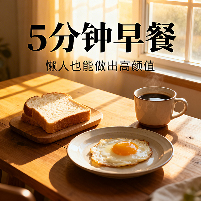温馨的早餐场景背景图，大标题文字"5分钟早餐"，副标题文字"懒人也能做出高颜值"，画面包含面包、鸡蛋、咖啡杯，清晨阳光照射进来，温暖治愈风格