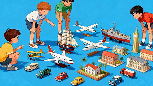 生成一张航模比赛的背景图，要求蓝色，包含了航空模型、航海模型、车辆模型、建筑模型、所以画面上要有这些元素，还要有几个孩子的形象