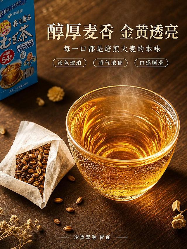 [第4张] 详情页口感质地特写-伊藤园大麦茶汤色与麦香醇厚展示。本张使用【图1】作为商品主体辅助展示。
[氛围/风格] 温润茶饮质感风，通透诱人，商业微距摄影质感，突出茶汤色泽与香气联想。
[元素布局] 画面中心偏右放置一只透明玻璃茶杯，杯中盛满金黄透亮的大麦茶汤，茶汤表面有轻微热气升腾，杯壁有细腻水珠；杯旁放一个拆开的茶包，茶包内焙煎大麦颗粒清晰可见；左上角小比例展示产品包装袋一角；背景为深棕色木质桌面，虚化处理，有散落的几颗大麦粒和干花装饰；产品包装与输入图一致。
[光影质感] 侧上方暖光打亮茶汤，茶汤通透有琥珀光泽，杯壁水珠晶莹，整体温暖诱人，明暗层次丰富。
[配色色系] 全局底色 #8B6F47（深茶褐色）；主色琥珀金、麦黄色；辅助色深木色、米白色。
[视角构图] 微俯视特写，茶汤为视觉中心，阅读动线中心茶汤 → 左侧茶包 → 顶部标题。
[文字版式] 左上主标题「醇厚麦香 金黄透亮」，副标题「每一口都是焙煎大麦的本味」，温润宋体；茶汤旁配短句标签「汤色琥珀」「香气浓郁」「口感顺滑」，小胶囊样式；底部小字说明「冷热双泡 皆宜」；文字不遮挡茶汤主体。
[比例分辨率] 3:4 竖版比例，4K 分辨率，文字清晰可辨，高清画质。
[负向提示词] 包装变形，文字错乱，颜色偏差，水印，茶汤浑浊，背景杂乱。
