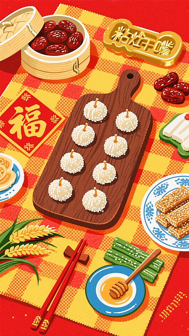 新春美食手绘插画，俯视视角，深棕木纹砧板（画面正中间竖摆）上是八枚糖瓜（裹白芝麻，表面泛糖光），周围分布着竹蒸笼装的枣泥年糕（砧板左上角，软糯粘牙）、瓷碟装的芝麻麻糖（砧板右下角，酥脆香甜）；搭配青绿麦芽糖条、蓝边小碟（盛蜂蜜）、红柄木筷，“福” 字红底金纹方贴、金色灶糖模具散落在画面；正红底色，底部衬黄红格纹餐布；物品密集排布、填满画面，画面暖糯饱满，凸显小年 “粘灶王嘴” 的甜香喜庆氛围。