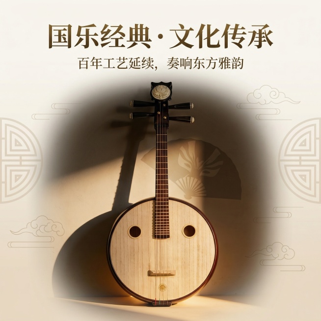 基于原图生成新中式极简国风风格1:1竖版电商主图，严格还原月琴经典形制，以月琴为主体，搭配简约的传统纹样云纹和回纹、京剧元素剪影隐形点缀不抢主体，突出月琴民族乐器、曲艺伴奏的文化属性。添加主标题"国乐预览效果