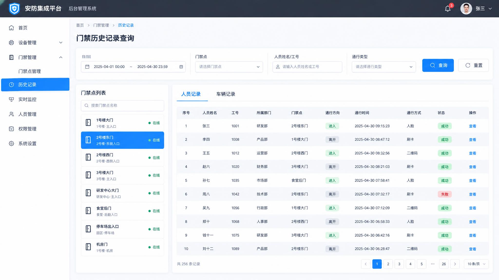 安防集成平台后台管理系统界面，门禁历史记录查询页面，白色背景商… - 图片创意预览