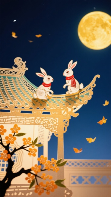 深蓝夜空、金黄色满月，采用低角度仰拍构图，前景为古建筑飞檐翘角(带传统花纹与琉璃瓦)、2只系红围巾的可爱兔子坐在古建筑的屋檐上、飘落的橙黄色桂花花瓣和左下角剪影树枝，营造典雅喜庆的"玉免望月"氛围，元预览效果