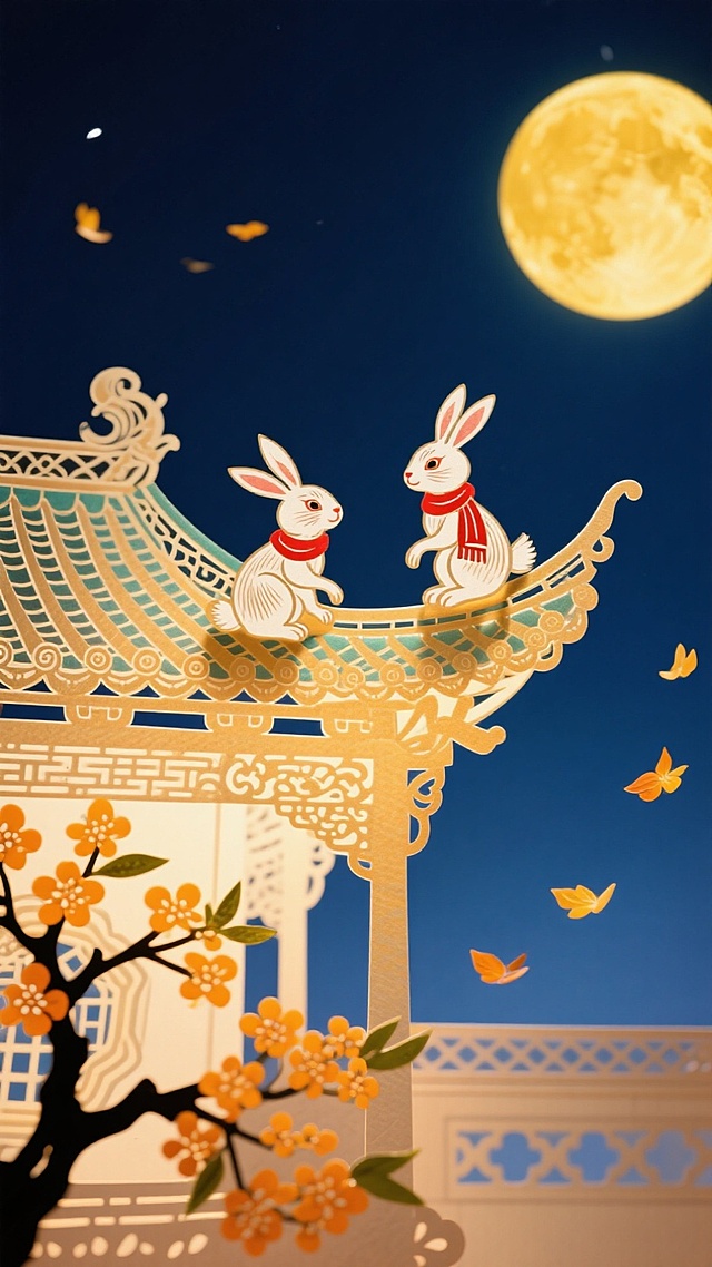 中式剪纸风插画，拟人化玉兔登临古亭，月下花影婆娑，蝴蝶翩跹，梦幻温馨，尽显古典中秋意境。
