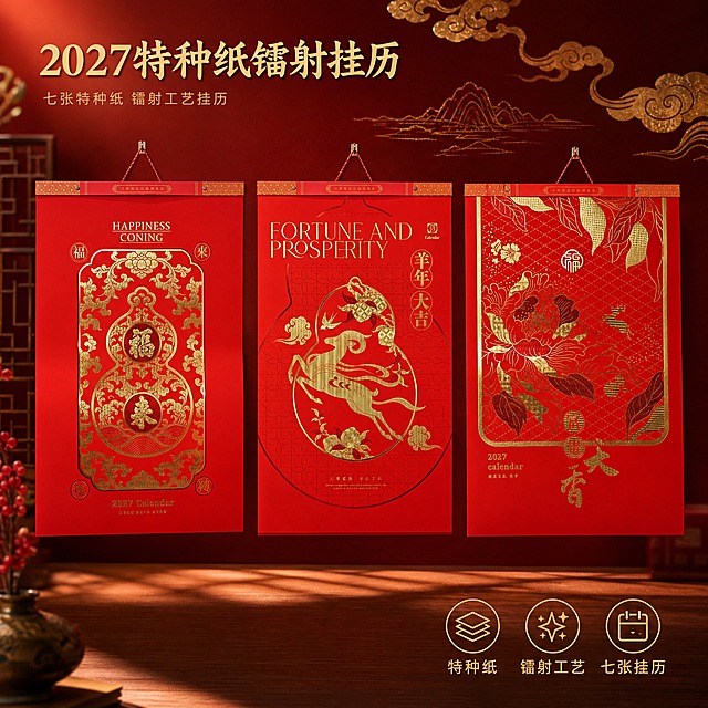 淘宝主图，1:1正方形，2048x2048px，2K高清。画面展示3款七张特种纸镭射工艺挂历组合陈列，3款挂历悬挂在新中式背景墙上，3款挂历规格完全一致，大小尺寸相同（440*680比例），不得有大小差异。每款挂历严格保持原图封面和整体完全不变，所有细节100%保留原样，不得有任何变形、拉伸、图案改动或文字错误。3款从左到右：福来运转葫芦款、羊年大吉生肖羊款、富贵天香牡丹款，三款宽度和高度比例完全相同，整齐排列。每款挂历的顶部挂绳、特种纸质感、镭射烫金图案、文字均与原图完全一致，镭射烫金部分有真实金属光泽和镭射闪粉质感。背景为新中式高端喜庆场景：深红色渐变背景墙搭配金色祥云纹理和淡金色山水线条，营造高端喜庆氛围；挂历自然悬挂，底部有柔和光影，不悬浮。画面左上角留白处放置主标题文字「2027特种纸镭射挂历」，字体为大气书法宋体，金色描边，字号醒目；下方小字副文案「七张特种纸 镭射工艺挂历」，字体为细黑体，金色。右下角放置3个轻量卖点图标+短句：特种纸、镭射工艺、七张挂历。整体风格高端喜庆，红金国潮质感，商业摄影级光影，主光从左上方斜射，镭射烫金部分有细腻金属高光和闪粉光泽，红金配色饱满有质感，景深自然，背景适度虚化突出主体。文字清晰可读，不遮挡挂历主体。严格禁止：三款挂历大小不一、产品变形、产品封面改动、产品拉伸、产品比例变化、产品文字错误。禁止水印、平台Logo、杂乱元素、产品悬浮、颜色偏差。