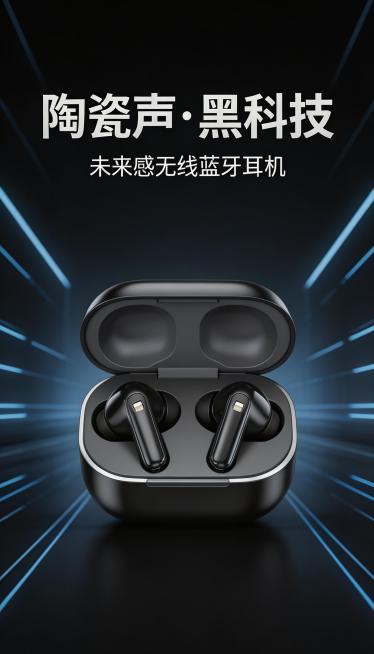 【选定风格：科技未来风】，电商详情竖版，黑色亮面塑料蓝牙耳机充电仓 + 耳机 1:1 还原，细节 / 颜色 / 比例精准，主色亮面黑 (#1A1A1A) 不准改，辅色深空灰 (#333333)、点缀色预览效果