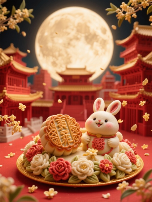 山西传统花馍风格，现代科技与传统古建融合，红色和金色主色调，圆圆胖胖的兔子和月饼花馍，周围飘落桂花花瓣，背景是圆月亮和建筑群，精致，富有层次感预览效果