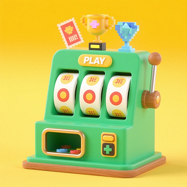 软3D风格的卡通老虎机，融合粘土质感与孟菲斯色彩，充满可爱与趣味感，顶部点缀像素奖杯，传递游戏节日氛围。