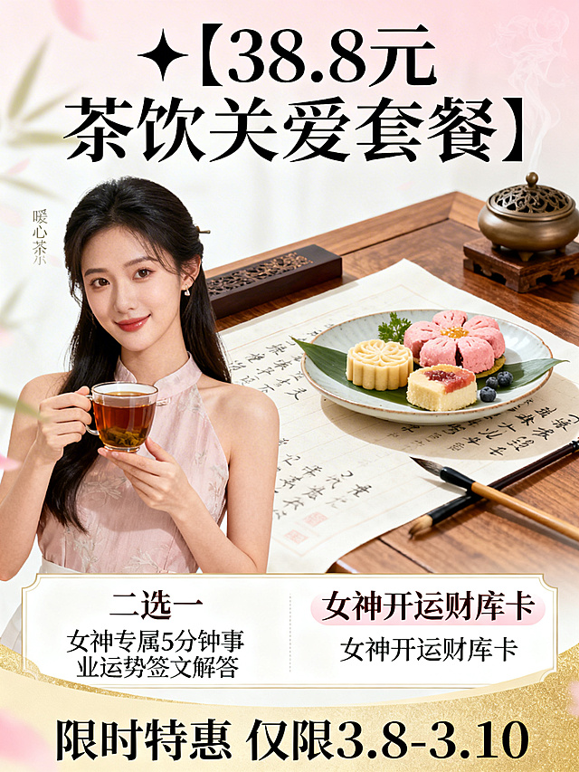 38女神节茶饮关爱套餐宣传海报，整体配色温柔优雅，顶部核心文案显示"✨ 【38.8元 茶饮关爱套餐】"，中部展示女神暖心茶饮搭配精致点心，还有静心闻香抄经体验场景，下方列出福利内容：二选一，女神专属5分钟事业运势签文解答或女神开运财库卡，底部通栏放置价格促销信息，整体风格雅致温馨，适合女性受众，符合视觉层级要求