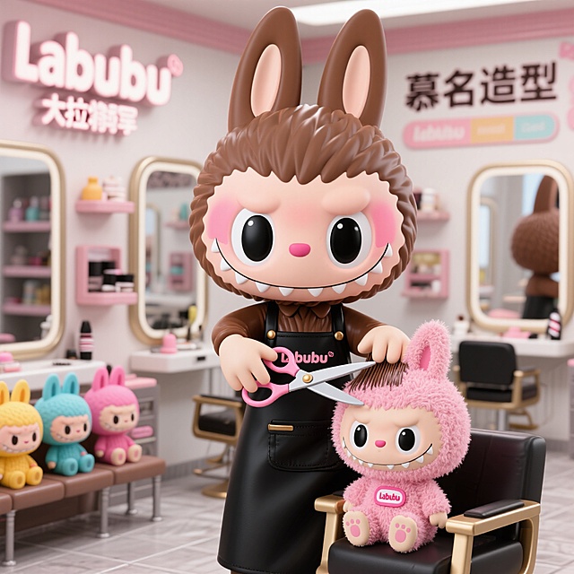 有一只棕色的labubu手里拿着剪刀 穿着黑色的围裙 给一位粉色的labuhu剪头发。他们在慕名造型。店里有美发镜子和美发椅子。旁边还坐着几只五颜六色的labubu坐在等待去等候