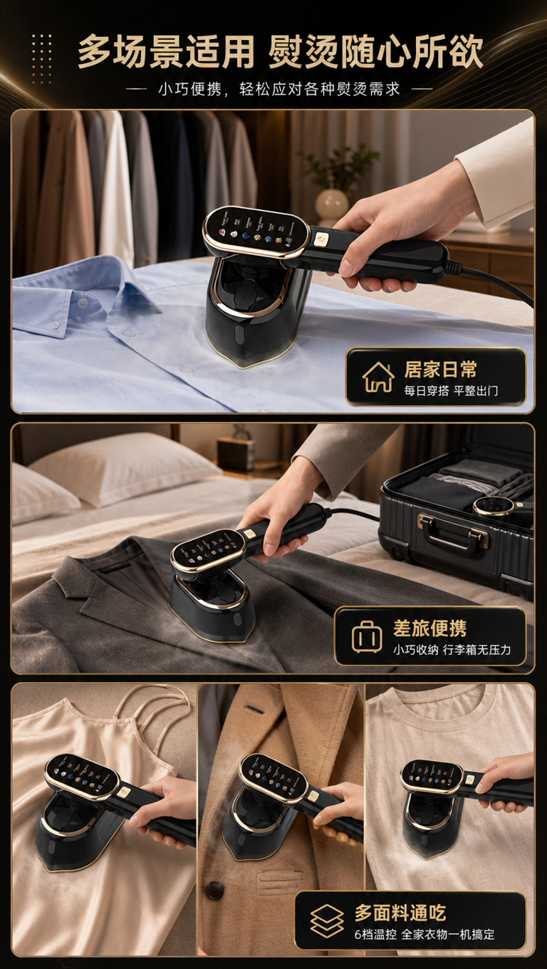 [商品] 使用【图1】黑金配色手持增压蒸汽挂烫机；保留产品整体… - 图片创意预览