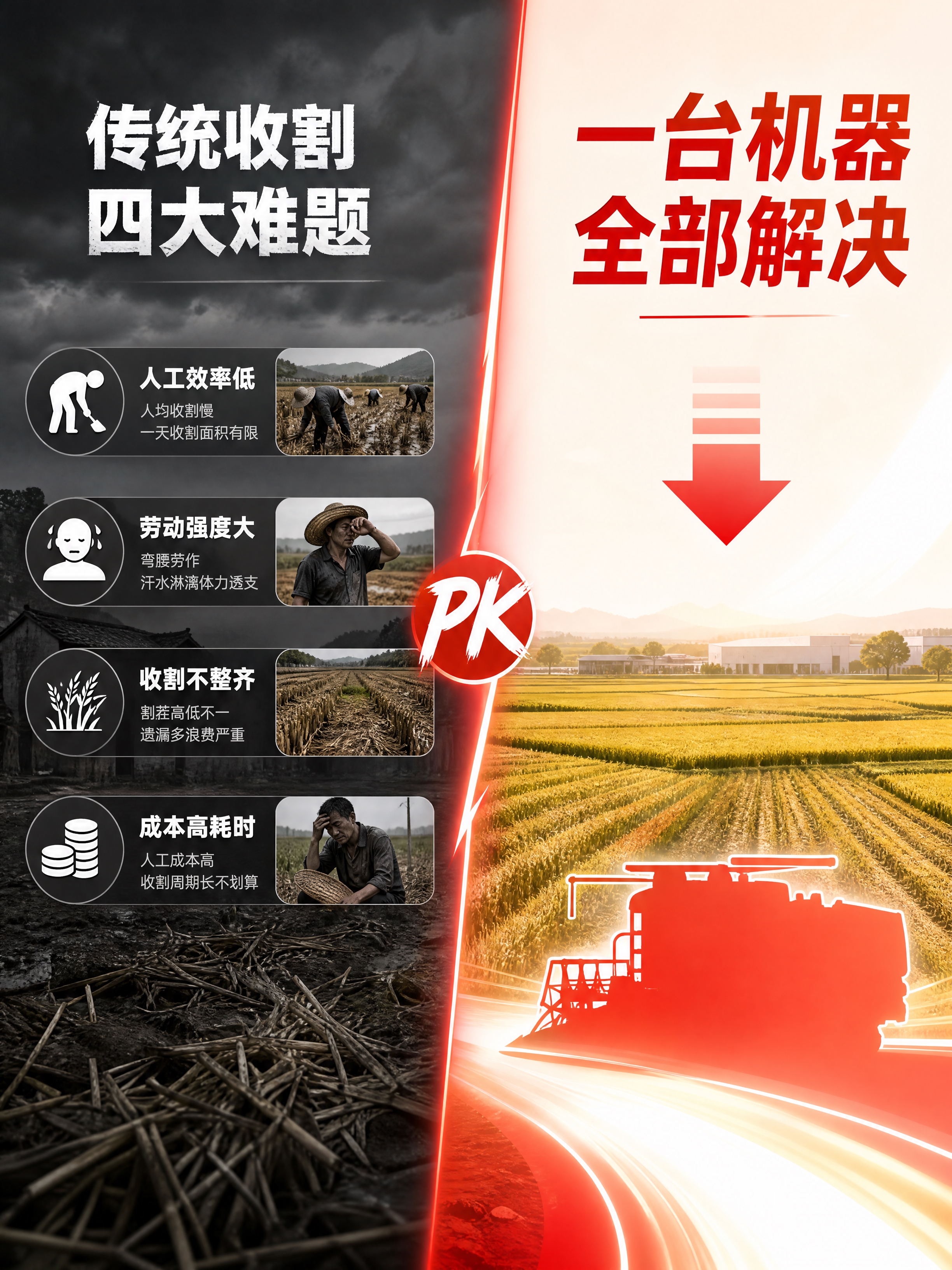 [详情页第2张] 低软收割机痛点直击-传统收割方式痛点对比。本… - 图片创意预览
