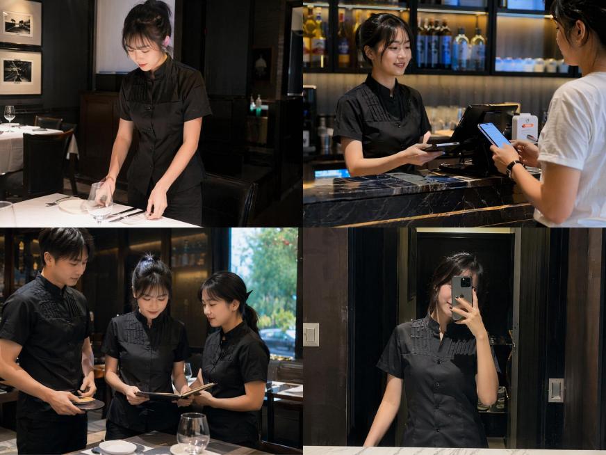 生成4张买家秀拼合在一张图里，拍摄场景是西餐厅，模特是西餐厅服务员，穿着参考图中的黑色立领短袖衬衫，领子袖口扣子细节和参考图保持完全一致。包含两张单人图，两张群体图，动作分别为摆放餐具、前台结账、休息预览效果