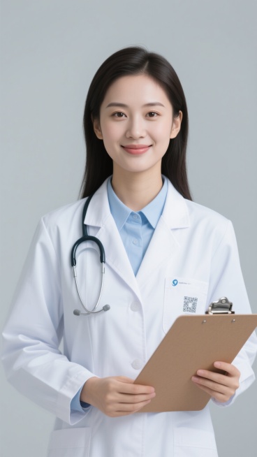 一位30岁左右的亚洲女性医生，身着洁白挺括的医生白大褂，内搭浅蓝色衬衫，胸前口袋挂着听诊器，手持棕色纸质病历夹，面带温和微笑，眼神亲切，背景为干净的浅灰色，整体画面采用清晰明亮的写实摄影风格，光线柔和均匀，突出医生专业、亲和的职业形象，无LOGO、电话地址及二维码。预览效果