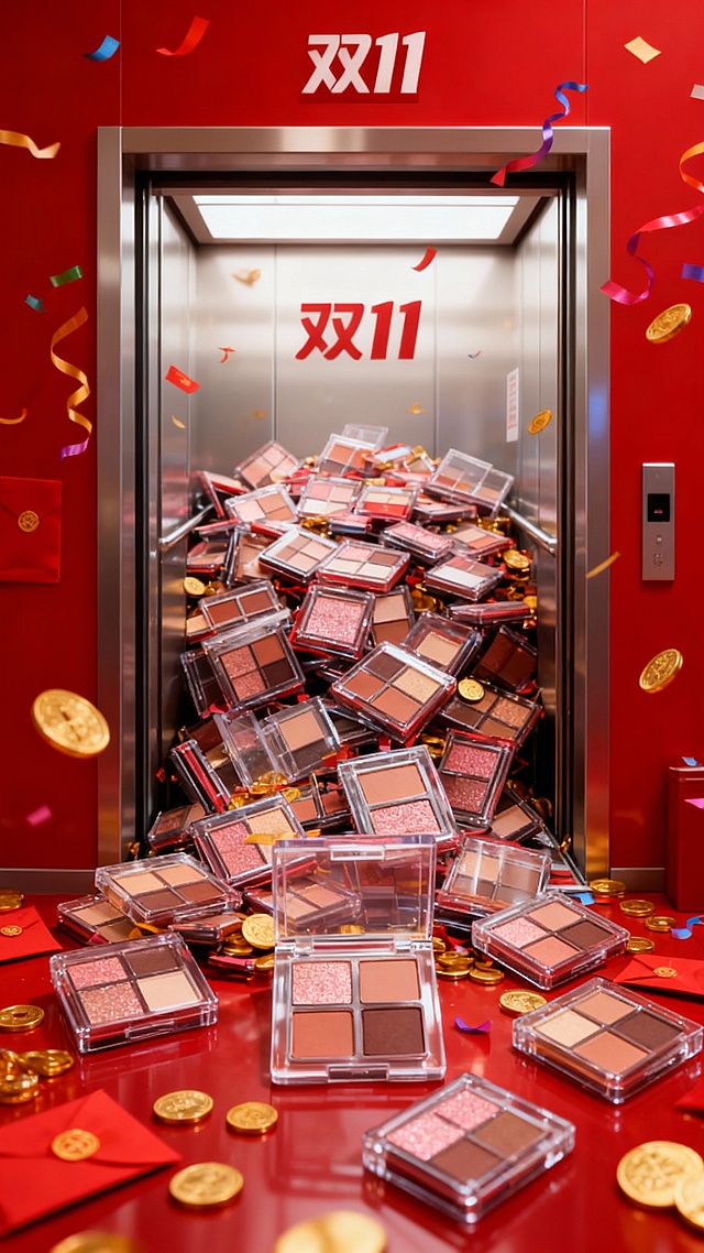 将画面中的主体提取到一个开门的电梯画面，主体重复的、拥挤的、密集且杂乱堆叠，堆满内部，从电梯中涌出到画面前方，电梯上方显示“双11”字样，上方飘落彩带和金币，点缀金币、红包，红色主色调