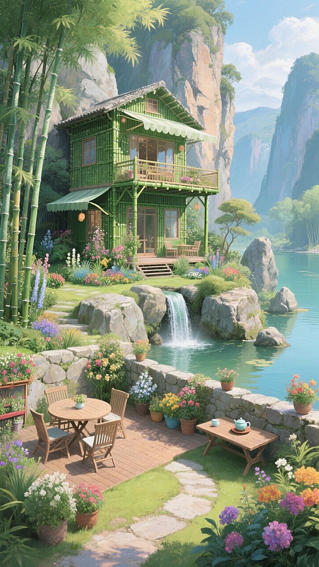 在一座高高的悬崖上，隐藏着一个秘密花园，花园里有各种罕见的花卉和植物，中间有一个小型瀑布流入一个清澈的池塘，四周被奇岩怪石环绕。竹林环绕的二层翠绿色竹子修建的屋子，二楼有带遮阳棚的露台，石头围墙的院子里，有桌椅，鲜花盛开的花架，花团锦簇，宽敞整洁，温馨，惬意，院子外面有小瀑布溪流，竹海，繁花似锦，屋前有木质露台，摆放着桌椅，不远处一个桌子摆放着一个茶桌，露台与小径旁点缀着多彩花卉盆栽，生机盎然。房子四周是湖泊，一侧有潺潺小瀑布，流水潺潺