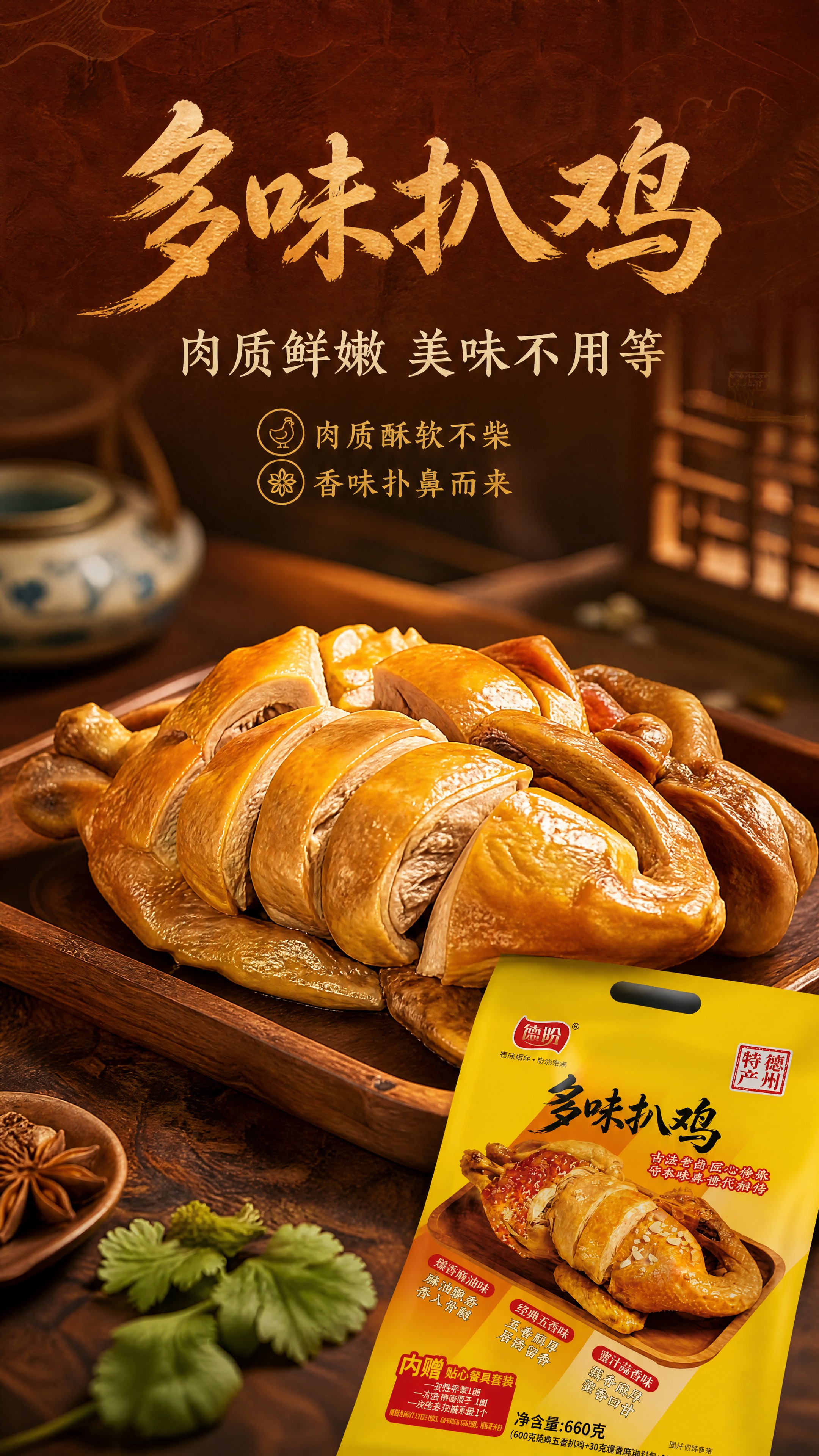 [商品] 使用【图1】德盼多味扒鸡黄色包装袋产品图；保留包装袋… - 图片创意预览