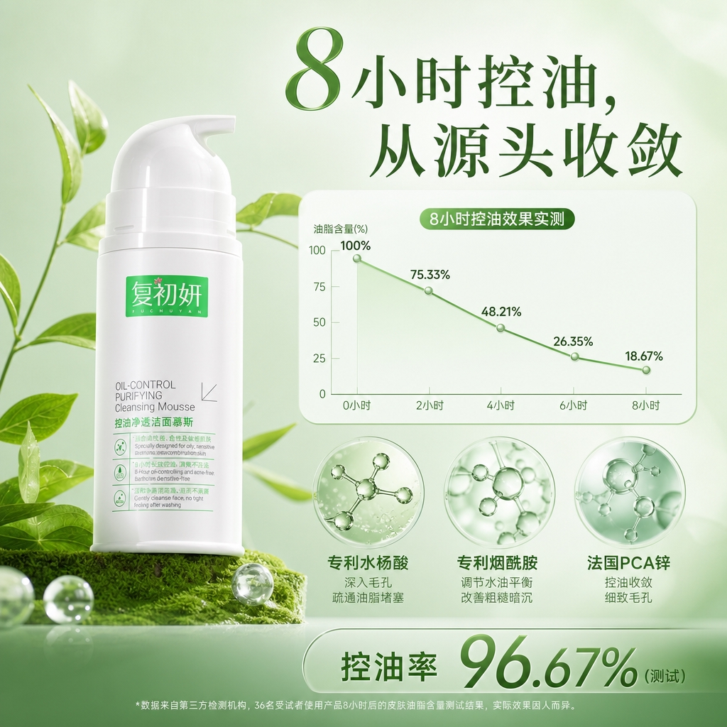 电商主图，1:1正方形，淘宝天猫风格，清新绿色调，复初妍控油净… - 图片创意预览