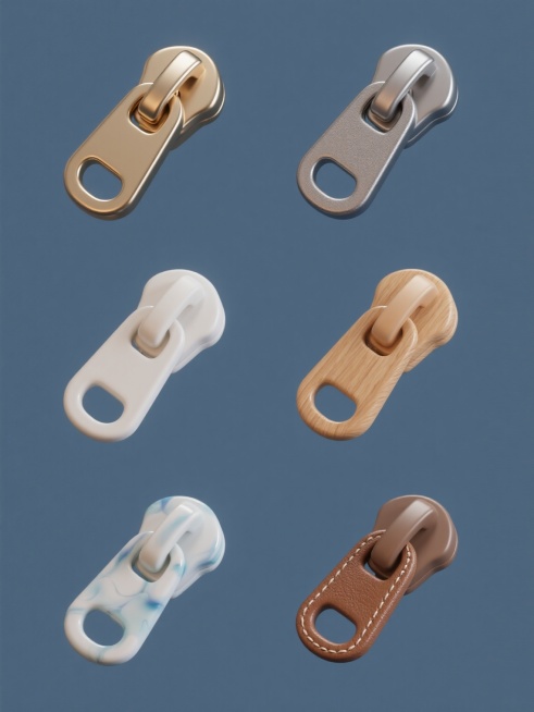 一组纯色背景上的软3D风格拉链头系列素材集合，保持原拉链头的形态结构与细节特征，整体画面色彩变换，展示六个完全不同材质的同元素内容，包括金属光泽、磨砂质感、光滑塑料、木质纹理、陶瓷釉面和皮革包裹，所有元素规整排布，无文字。预览效果